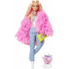 Resim Barbie Extra - Pembe Peluş Ceketli Unicorn Oyuncaklı Bebek 3-9 Y 