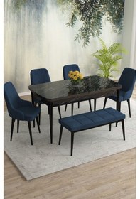 Resim Meri Serisi 80x132 Açılabilir Mdf Siyah Mermer Desen Masa Takımı 4 Siyah Sandalye 1 Bench Lacivert 