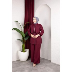Resim Weak Blue Kadın Tesettür Takım Çift Kat Görünümlü Fermuarlı Tunik Bol Paça Pantolon Moda Kumaş Ikili Takım 
