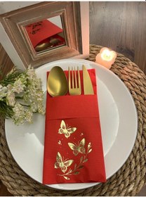 Resim Gold Yaldızlı Kırmızı Kelebek Yaprak Detaylı Cepli Kanguru Peçete 12 Adet 
