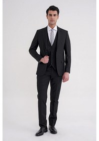Resim Efor Slim Fit Çift Yırtmaç Dokulu %97 Yün Esnek Siyah Yelekli Klasik Takım Elbise Tk 936 Siyah 