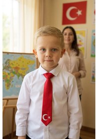 Resim Ayyıldız Baskılı Çocuk Kravat Kırmızı 