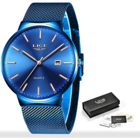 Resim Hanyang Mavi Gül Altın 2023 Erkek Moda Iş Takvimi Saatler Erkekler Lüks Mavi Paslanmaz Çelik Hasır Kemer Analog Kuvars Izle Relogio Masculino (Yurt Dışından) 