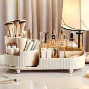 Resim 360° Dönen Kozmetik Gösteri Kutusu, 5 Yuvalı Makyaj Fırça Saklama Kutusu - Bej Kozmetik Organizatörü, Fırçalar, Oje ve Sanat Malzemeleri için Uygun - Banyo Makyaj Masası veya Masaüstü Gösterim için Mükemmel, Nötr Dekor | Şık Kaplama. İki Stilde, Çeşitli Renklerde Mevcut, Makyaj Masası, Banyo Yatak Odası Depolama için İdeal 