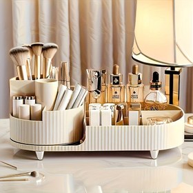 Resim 360° Dönen Kozmetik Gösteri Kutusu, 5 Yuvalı Makyaj Fırça Saklama Kutusu - Bej Kozmetik Organizatörü, Fırçalar, Oje ve Sanat Malzemeleri için Uygun - Banyo Makyaj Masası veya Masaüstü Gösterim için Mükemmel, Nötr Dekor | Şık Kaplama. İki Stilde, Çeşitli Renklerde Mevcut, Makyaj Masası, Banyo Yatak Odası Depolama için İdeal 
