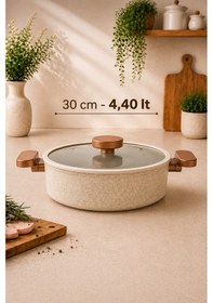 Resim Valeria 30 cm Granit Basık Tencere Silikon Kenarlı Cam Kapak - Cappucino Yapışmaz 