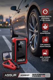 Resim 4'ü 1 Arada Dijital Göstergeli | Powerbank | Led Fener | Hava Kompresörü| Şarjlı Akü Takviye Cihazı 
