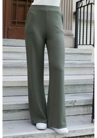 Resim JUMENT Kadın İpeksi Dokulu Esnek Modal Kumaş Taş Baskılı Beli Lastikli Bol Paça Palazzo Pantolon-haki 