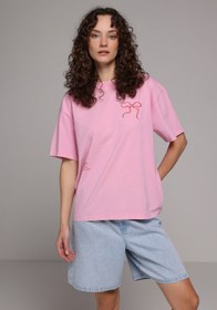 Resim Oversize Fit Yuvarlak Yaka Düz Kadın Pembe Kısa Kol Tişört Colin's