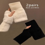 Resim 2 Çift Kadın Parmaksız Eldiven - Yumuşak, Sıcak Kış Eldivenleri, Siyah ve Beyaz, Soğuk Hava Aktiviteleri İçin Mükemmel, Kış Eldivenleri, Soğuk Hava Ekipmanları, Minimalist Eldiven Tasarımı, Yumuşak Kumaş Eldivenleri 