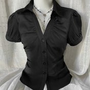 Resim 1 adet Şık Kadın Kısa Kollu Polyester-Spandex Karışımı Gömlek - Düz Renk, Tek Sıralı, Yaka Yaka, Dokuma, Dar Kesim, Düğme Detayı, Dolgusuz - Tüm Mevsimler İçin Çok Yönlü 