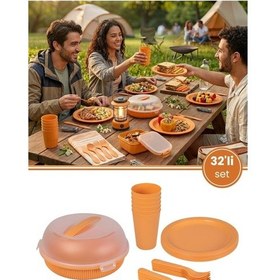 Resim 6 Kişilik Piknik Seti, 32 Parça Piknik Kamp Yemek Takımı Tabak Çatal Bıçak Kaşık Bardak Seti Turuncu 