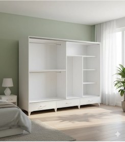 Resim Güneş Sürgülü Dolap Çekmeceli Gardırop Beyaz 200 Cm 