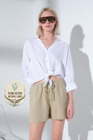 Resim %100 Keten Beli Lastikli ve Bağcıklı Rahat Kalıp Dokuma Kadın Şort @Salto - Bej / M 