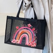 Resim Geniş Kapasiteli Gökkuşağı ve Çiçekli Fileli Tote Çantası - Siyah, Makine Yıkanabilir Polyester, Gençler, Kadınlar, Üniversite Öğrencileri, Öğretmenler ve Anneler için İdeal, Plaj Tatilleri, Alışveriş ve Hediye İçin İdeal, Plaj Aksesuarı | Canlı Tote Çantası | Dayanıklı Tutma Çantası, Plaj Tote Çantası 
