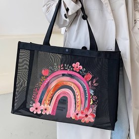 Resim Geniş Kapasiteli Gökkuşağı ve Çiçekli Fileli Tote Çantası - Siyah, Makine Yıkanabilir Polyester, Gençler, Kadınlar, Üniversite Öğrencileri, Öğretmenler ve Anneler için İdeal, Plaj Tatilleri, Alışveriş ve Hediye İçin İdeal, Plaj Aksesuarı | Canlı Tote Çantası | Dayanıklı Tutma Çantası, Plaj Tote Çantası 