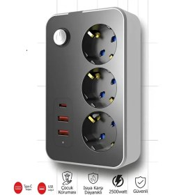 Resim Gunkes WINNBOSSTermal Akım Korumalı USB ve Type-C 2.1A Şarj Çıkışlı 10A 2500W 3'lü Uzatma Grup Priz 2 Metre 