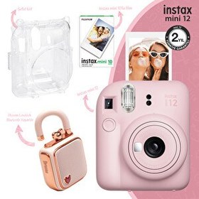 Resim Fujifilm Instax Mini 12 Pembe Fotoğraf Makinesi-10'lu Film-Şeffaf Kılıf ve Divoom LoveLock Mini Ses Kayıt Özel. Bluetooth Hoparlör 