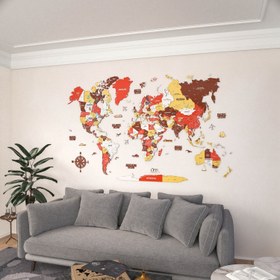 Resim Renkli Baskılı 3D Ahşap Dünya Haritası (Terracotta) - 180x112 cm / İngilizce 