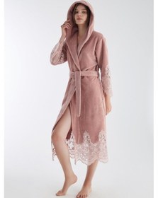 Resim Dantelli Uzun Kapüşonlu Triga Bambu Cotton Bayan Bornoz Pudra 