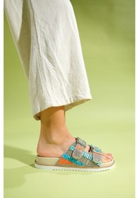 Resim Luvishoes Lanso Bej Taşlı Çift Bantlı Kadın Terlik Bej 