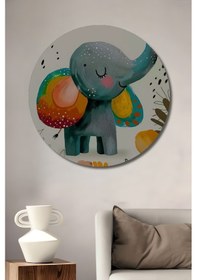 Resim Renkli Fil Sanat Baskısı Ahşap Tablo Yuvarlak Duvar Tablosu--66--- 20 X 20 