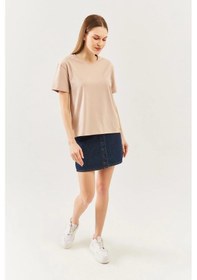 Resim Kadın Rahat %100 Pamuklu Penye Bisiklet Yaka Kısa Kol Basic T-shirt Sütlü Kahve 