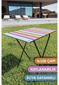 Resim Bino Yükseklik Ayarlı Ahşap Katlanır Bahçe Kamp Masası Çok Renkli 