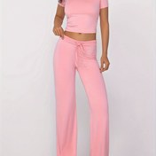 Resim Kadın Rahat Modal Triko Pijama Takımı, Yuvarlak Yaka Düz Renk Loungewear, Bağcıklı Detaylı, Tüm Sezon Konforu İçin 