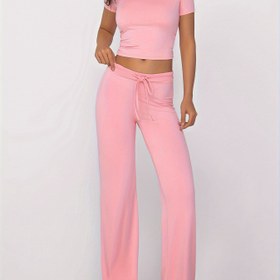 Resim Kadın Rahat Modal Triko Pijama Takımı, Yuvarlak Yaka Düz Renk Loungewear, Bağcıklı Detaylı, Tüm Sezon Konforu İçin 
