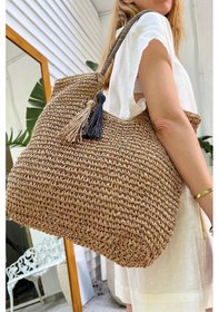 Resim Matthew Cox Zebra Desen Fermuarlı Astarlı Cepli Omuz Askılı Sahil Plaj Beach Club Hasır Çanta Camel 