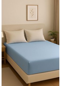 Resim 3 Adet Battal Boy Düz Pamuklu Çift Kişilik 200 X 200 Cm Lastikli Penye Çarşaf Mavi 