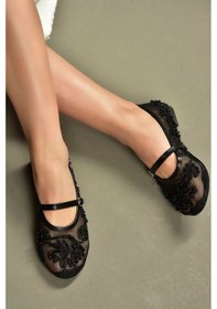 Resim Fox Shoes Y726330115 Siyah İnci Detaylı File Kadın Babet 