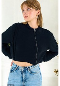 Resim Kadın Siyah Püskül Detaylı Premium Crop Hırka 