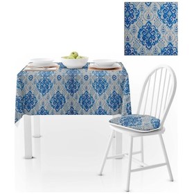 Resim Damask Desenli Mavi Beyaz Dijital Baskılı Süet Dokuma Masa Örtüsü 140x220 