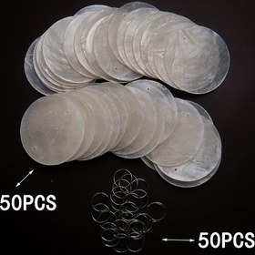 Resim 100 Adet 50mm Çift Delikli Kabuk Diskleri ve Metal Halkalar - Yarı Şeffaf Yumuşak Kabuk Diskler, DIY Rüzgar Çanları, Noel Düğün Dekorasyonları ve El İşleri İçin 