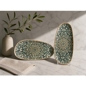 Resim 2'li Şık Alhambra Vago Rectangular Plate 36 Cm Oval Servis / Sunum Tabağı/salata Tabağı Çok renkli 