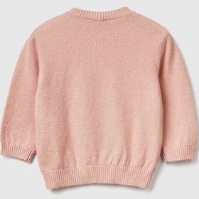 Resim United Colors of Benetton Bebek Toz Pembe Çizgili Tavşan İşlemeli Düğme Detaylı Bisiklet Yaka Kazak 