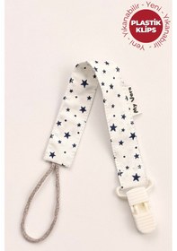 Resim Lacivert Yıldızlı - Plastik Klipsli Pamuklu Emzik Askısı - Emzik Zinciri - Emzik Tutacağı Koyu Lacivert 