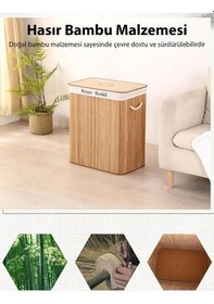 Resim Ezere Bambu Naturel Hasır Çift Bölmeli Katlanabilir Kirli Çamaşır Sepeti 100 Lt Bej 