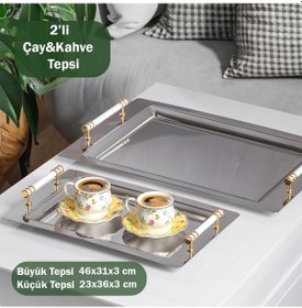 Resim Porsima Yüzük 2li Paslanmaz Çelik Gümüş Sunum Tepsisi Gold Beyaz 