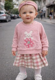 Resim İNDİGO KIZ BEBEK PEMBE MEVSİMLİK ELBİSE VE SWEATSHIRT BANDANA SETİ 23157 