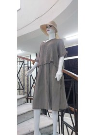 Resim Eren Style İtalyan Müslin Keteni Üstü File Bluzlu Astarlı Tek Parça Elbise Vizon 