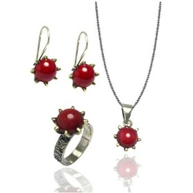 Resim Mercan Taşlı El Işi Otantik Gümüş Üçlü Set (515514674) 