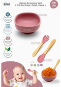 Resim Kiwi 3 Parça Kase Çatal Kaşık Beslenme Seti - Doğal Silikon Bpa İçermez- Dark Pink 