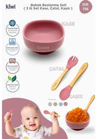 Resim Kiwi 3 Parça Kase Çatal Kaşık Beslenme Seti - Doğal Silikon Bpa İçermez- Dark Pink 