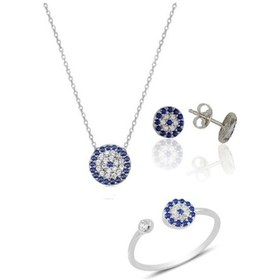 Resim Gümüş Rodyumlu Nazar Modeli Üçlü Set 