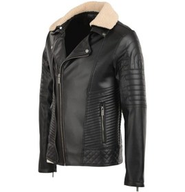 Resim Oliggopol Erkek Siyah Kuzey Yaka Kürklü Slim Fit Deri Ceket Mont Siyah 