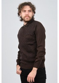 Resim Ateş Triko Erkek Cep Detaylı Polo Yaka Desenli Yün Kazak 6092097 Kahverengi 