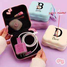 Resim Kişiselleştirilebilen Kare Dalga Büyük Kapasiteli Kabin Organizatör Çantası, Taşınabilir Seyahat Kamera ve Kulaklık Saklama Torbası İsim Baş Harfleriyle - Mobil Telefonlar & Aksesuarlar için Sevimli Çizgi Tasarım. Hediye Fikri 